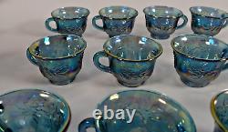 Indiana Blue Carnival Glass Punch Bowl Set With 12 Cups Hooks and Ladle
