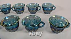 Indiana Blue Carnival Glass Punch Bowl Set With 12 Cups Hooks and Ladle