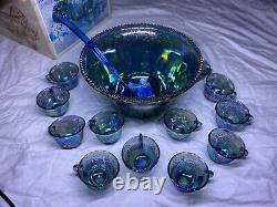 Iridescent Blue Carnival Glass 26 piece Princess Punch Bowl Set (New in Box)