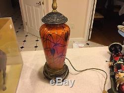 Iridescent orange and black Durand Imperial heart and vine table lamp 1930 nice