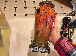 Iridescent orange and black Durand Imperial heart and vine table lamp 1930 nice