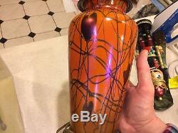 Iridescent orange and black Durand Imperial heart and vine table lamp 1930 nice