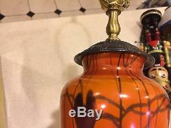 Iridescent orange and black Durand Imperial heart and vine table lamp 1930 nice