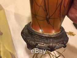 Iridescent orange and black Durand Imperial heart and vine table lamp 1930 nice