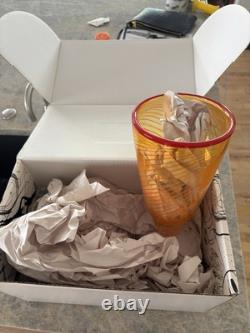 Kosta Boda Vase-Red Rim & Orange Footed Base Crys & Glass By Bertiel Vallien