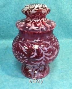 Large Extremely Rare Fenton Cranberry Opalescent Daisy & Fern Apothecary Jar-nr