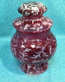 Large Extremely Rare Fenton Cranberry Opalescent Daisy & Fern Apothecary Jar-nr