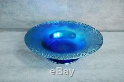 LCT Tiffany Favrile blue iridescent glass compote large bowl signed