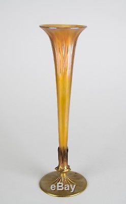 LCT Tiffany Furnaces Tall Favrile Glass Trumpet Vase with Bronze Base 17 Signed