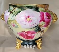 LIMOGES FRANCE LARGE HP ROSES JARDENIER WithLION FACES ON STAND CLOW FEET AS IS