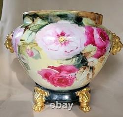 LIMOGES FRANCE LARGE HP ROSES JARDENIER WithLION FACES ON STAND CLOW FEET AS IS