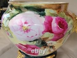 LIMOGES FRANCE LARGE HP ROSES JARDENIER WithLION FACES ON STAND CLOW FEET AS IS