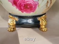 LIMOGES FRANCE LARGE HP ROSES JARDENIER WithLION FACES ON STAND CLOW FEET AS IS