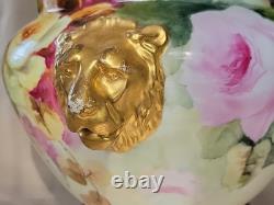 LIMOGES FRANCE LARGE HP ROSES JARDENIER WithLION FACES ON STAND CLOW FEET AS IS
