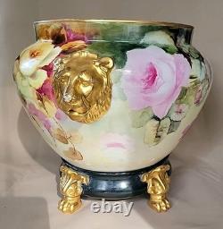 LIMOGES FRANCE LARGE HP ROSES JARDENIER WithLION FACES ON STAND CLOW FEET AS IS