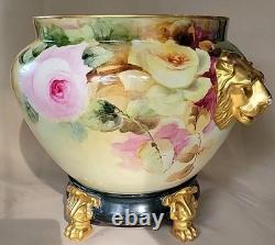 LIMOGES FRANCE LARGE HP ROSES JARDENIER WithLION FACES ON STAND CLOW FEET AS IS