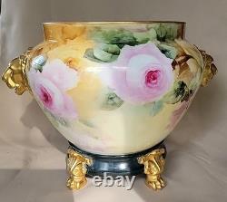 LIMOGES FRANCE LARGE HP ROSES JARDENIER WithLION FACES ON STAND CLOW FEET AS IS