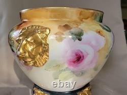 LIMOGES FRANCE LARGE HP ROSES JARDENIER WithLION FACES ON STAND CLOW FEET AS IS