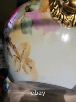 LIMOGES FRANCE LARGE HP ROSES JARDENIER WithLION FACES ON STAND CLOW FEET AS IS