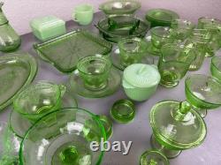 LOT Federal Uranium Glass Vaseline Lovebirds 54 Pieces Green Milk Regular Glass