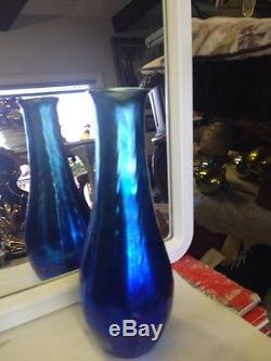 L C TIFFANY Favrile Glass Vase Signed Large Blue Antique Art Glass