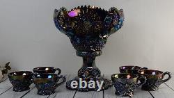 L. E Smith Carnival Glass Amethyst Sawtooth Hobstar Punch Bowl, Base, with 6 Cups
