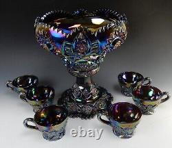 L. E Smith Carnival Glass Amethyst Sawtooth Hobstar Punch Bowl, Base, with 6 Cups