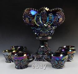 L. E Smith Carnival Glass Amethyst Sawtooth Hobstar Punch Bowl, Base, with 6 Cups