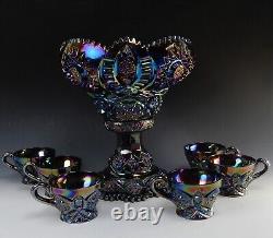 L. E Smith Carnival Glass Amethyst Sawtooth Hobstar Punch Bowl, Base, with 6 Cups