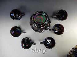 L. E Smith Carnival Glass Amethyst Sawtooth Hobstar Punch Bowl, Base, with 6 Cups