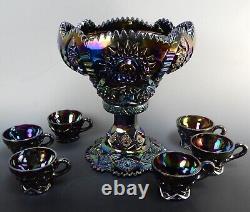 L. E Smith Carnival Glass Amethyst Sawtooth Hobstar Punch Bowl, Base, with 6 Cups