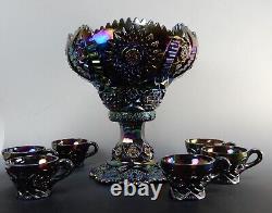 L. E Smith Carnival Glass Amethyst Sawtooth Hobstar Punch Bowl, Base, with 6 Cups