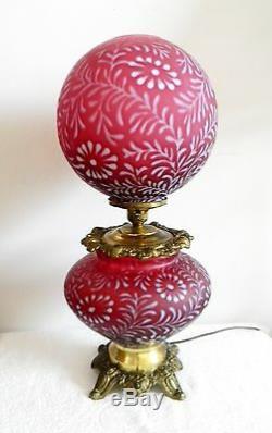 L G Wright Fenton LARGE GWTW lamp in cranberry daisy and fern