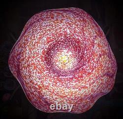 Large 13 Chihuly Style 2004 Red White Scalloped Art Glass Splatter Bowl Signed