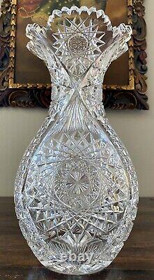 Large Antique ABP Cut Crystal Glass Vase Bowling Pin Vase Excellent