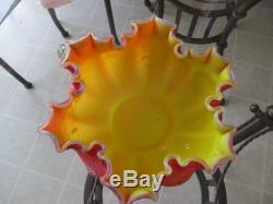 Large Cranberry Mother of Pearl MOP Glass Enamel Brides Basket Bowl Yellow Cased