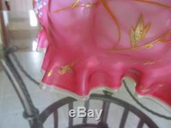 Large Cranberry Mother of Pearl MOP Glass Enamel Brides Basket Bowl Yellow Cased