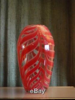 Large Dominick Labino Pulled Feather Vase Loetz Style Tango Red Signed 1981