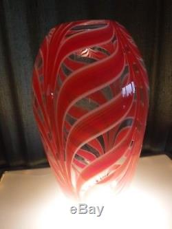 Large Dominick Labino Pulled Feather Vase Loetz Style Tango Red Signed 1981