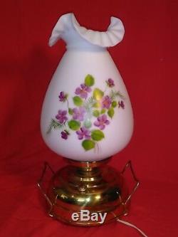 Large Fenton Art Glass, Violets in the Snow, Painted, Mariners Lamp Light