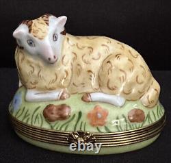 Large Limoges Peint Main Ram Sheep Laying Figural Trinket Pill Box France