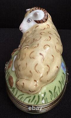 Large Limoges Peint Main Ram Sheep Laying Figural Trinket Pill Box France
