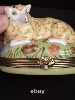 Large Limoges Peint Main Ram Sheep Laying Figural Trinket Pill Box France