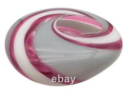 Large Mark Wagar Art Glass White and Pink Swirl Vase Bowl 12 Signed