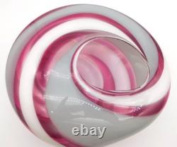 Large Mark Wagar Art Glass White and Pink Swirl Vase Bowl 12 Signed