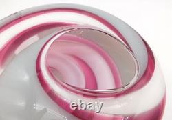 Large Mark Wagar Art Glass White and Pink Swirl Vase Bowl 12 Signed