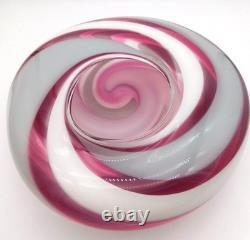 Large Mark Wagar Art Glass White and Pink Swirl Vase Bowl 12 Signed