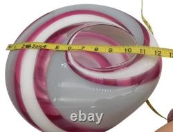 Large Mark Wagar Art Glass White and Pink Swirl Vase Bowl 12 Signed