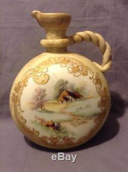 Large Mt. Washington Crown Milano Marked Glass Scenic Pastoral Gold Gilt Pitcher