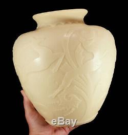 Large Rare Art Deco Steuben Stamford Acid-etched Ivory Glass Vase Gazelles #2683
